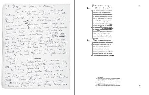 Aufgeschlagene Doppelseite, Faksimile, Transkription und textkritischer Apparat (Franz Kafka, Oxforder Quartheft 3)